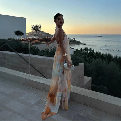 Robe de plage dos nu imprimée, coupe ample, à encolure dos nu