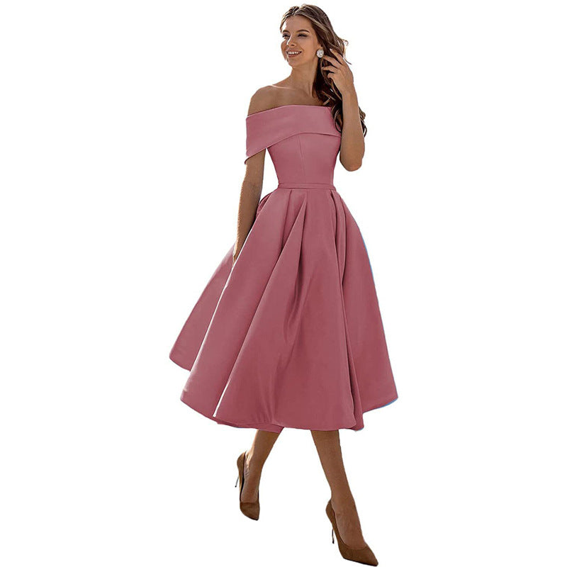 Robe de Soirée Formelle en Satin pour Femme sans Bretelles, Coupe Décontractée, Longueur Thé, Épaules Dénudées, avec Poches
