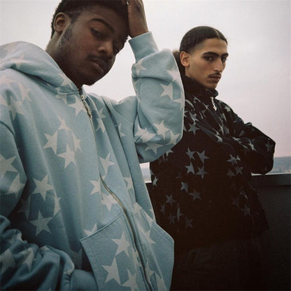 Cardigan à Capuche Zippé Imprimé Étoiles, Vêtement d'Extérieur Tendance pour Couple, Sweat-shirt à Capuche, Manteau Homme Femme Streetwear
