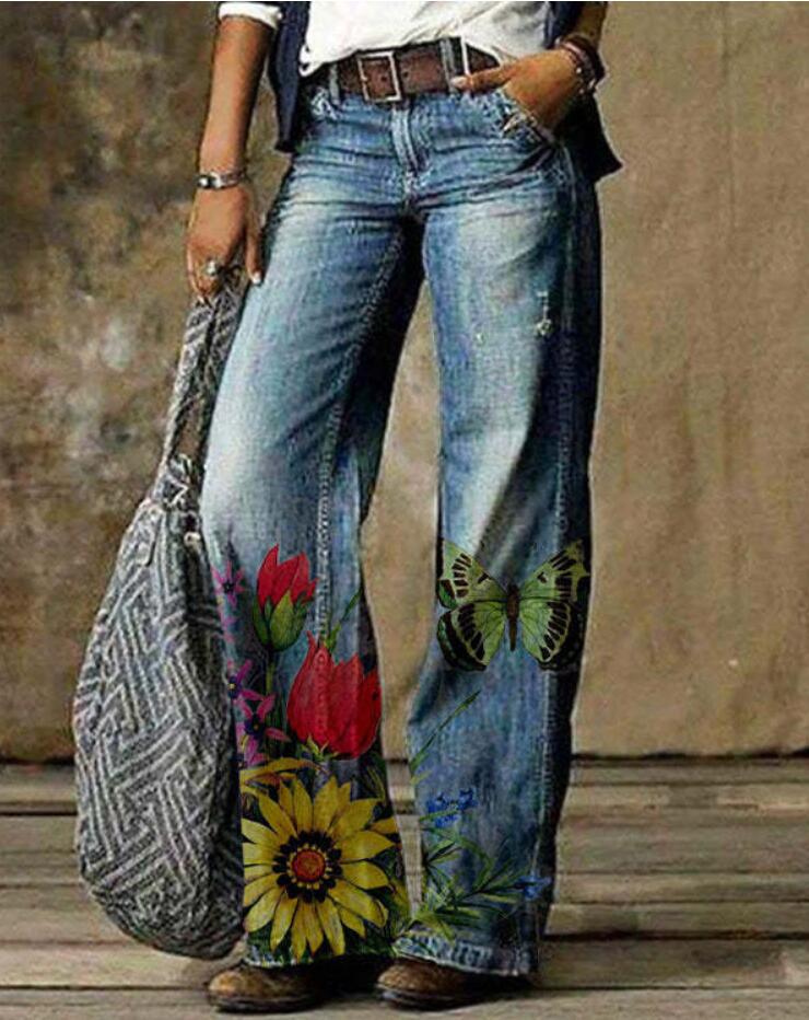 Pantalones de mujer de talla grande con estampado floral artístico