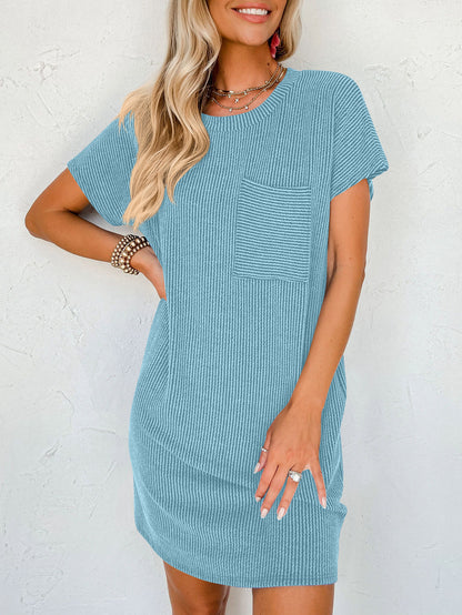 Vestido de Bolsillo de Manga Corta a Rayas para Mujer