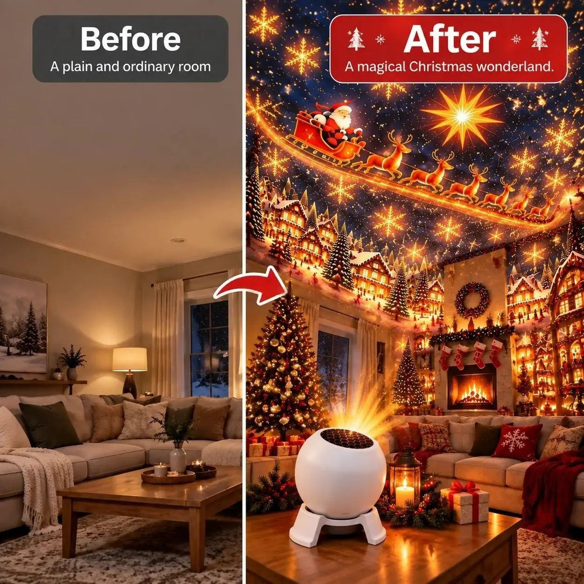 Christmas Magic Projection Light by AdTec; waterproof outdoor decorative lamp projecting Santa sleigh and stars.