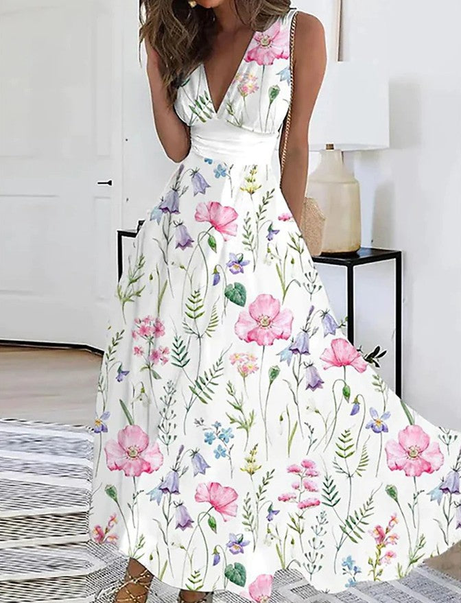 Nouvelle robe d'été sans manches à col en V, taille haute imprimée pour femmes