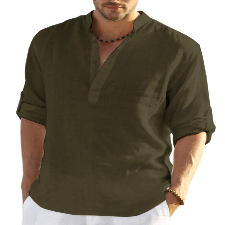 Camisa de manga larga de algodón y lino para hombre, color sólido, cuello levantado, holgada
