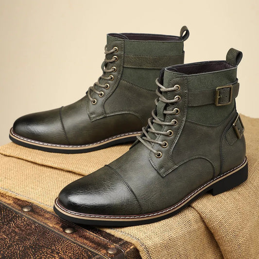 AuraStep Retro mid-top Martin boots in olive green PU leather, lace-up with buckle strap, pair shown
