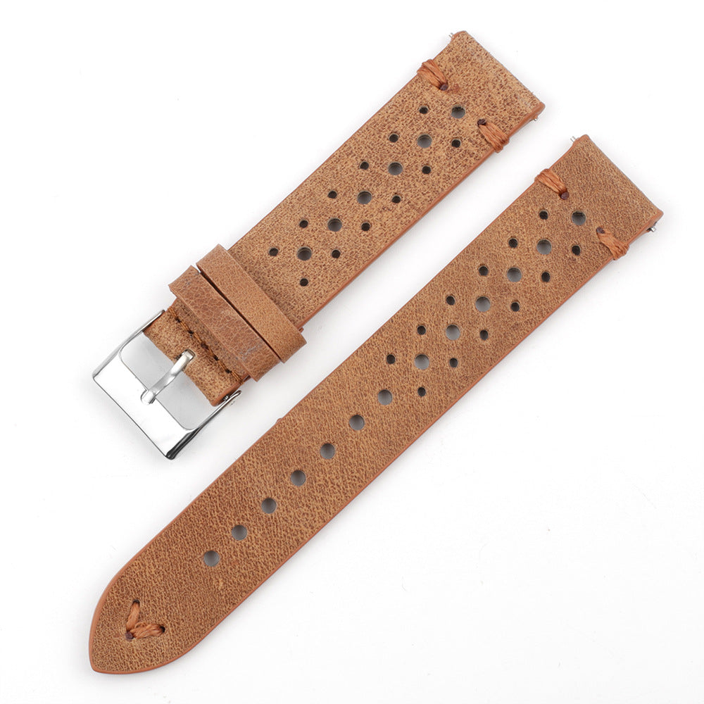 Correa de reloj de cuero gris azulado con costuras y múltiples orificios
