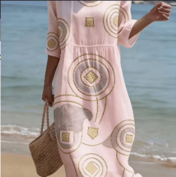 Robe décontractée en coton et lin imprimée à col rond et manches mi-longues pour femmes