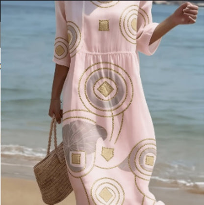 Robe décontractée en coton et lin imprimée à col rond et manches mi-longues pour femmes