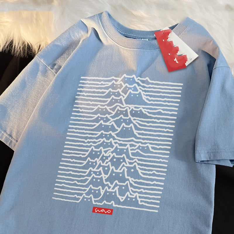 Camiseta de manga corta de algodón puro con estampado de gato de montaña, estilo casual y veraniego