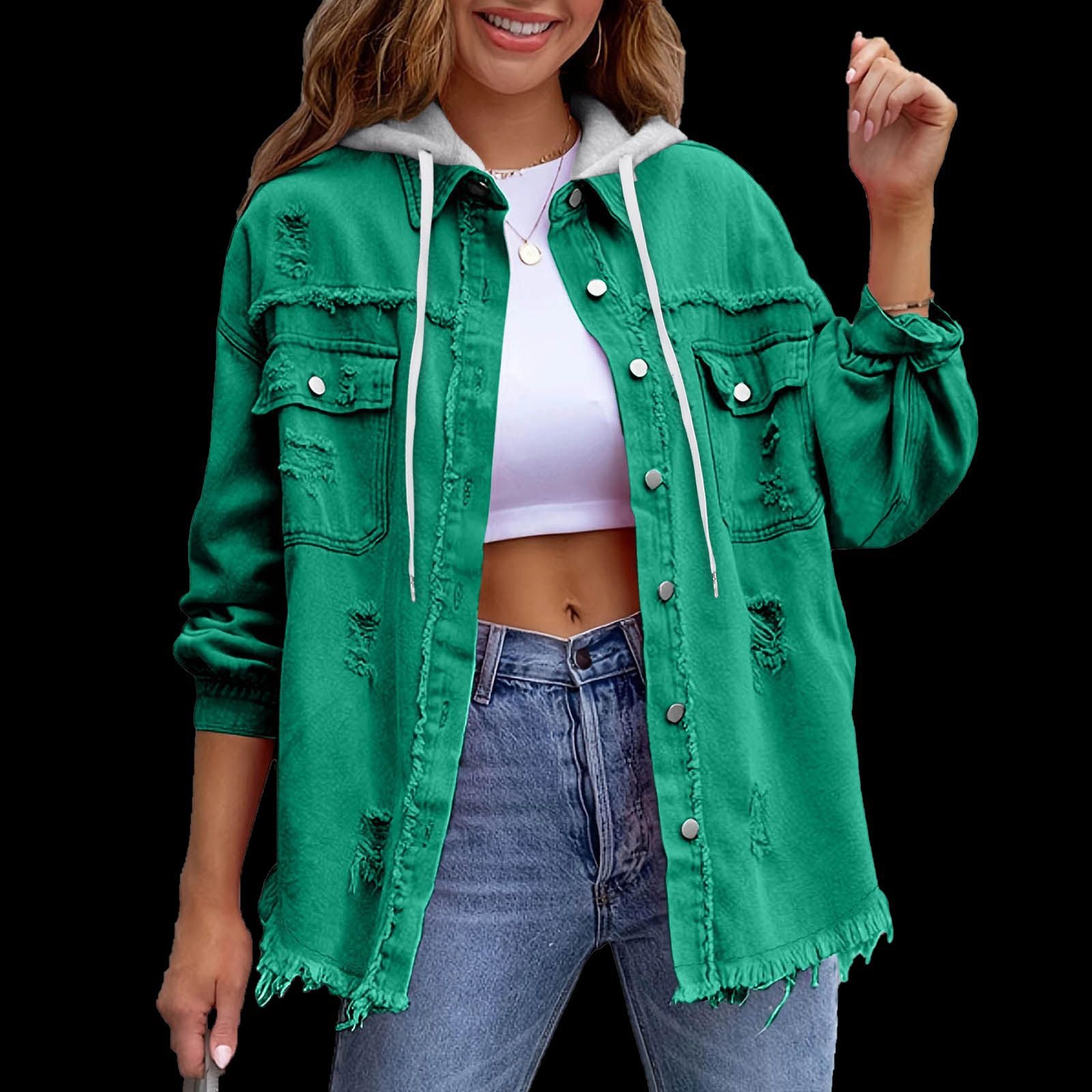 Chaqueta vaquera con capucha holgada de color liso para mujer