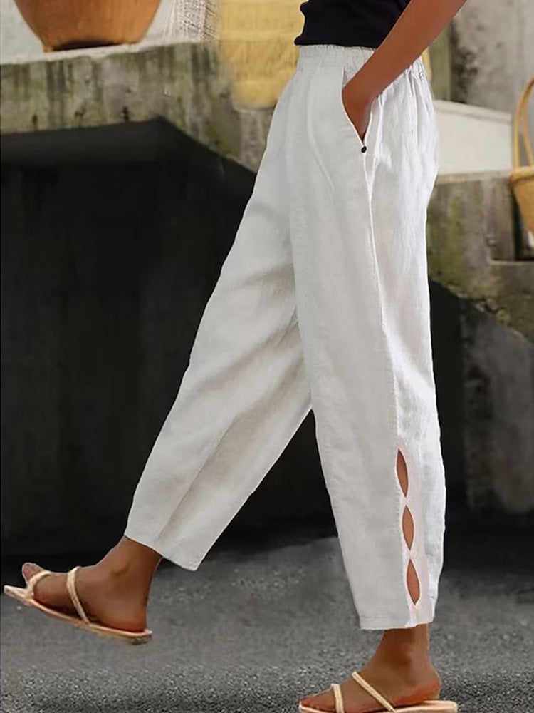 Pantalon d'été pour femme, détails creux à la cheville, avec boutons à l'ourlet