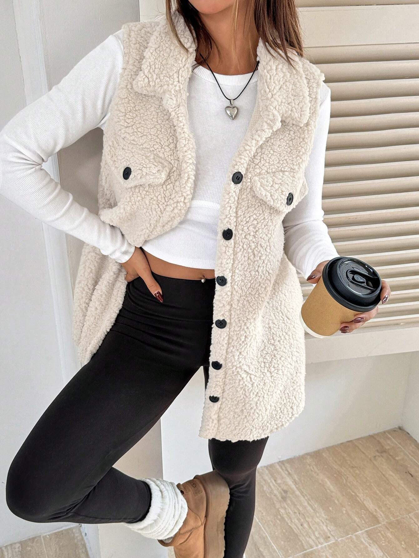 Cardigan gilet peluche ouvert à revers boutonnés