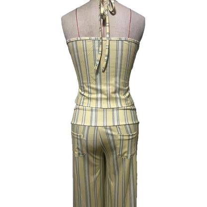 Ensemble deux pièces sexy : bandeau rayé sans bretelles et pantalon décontracté taille haute