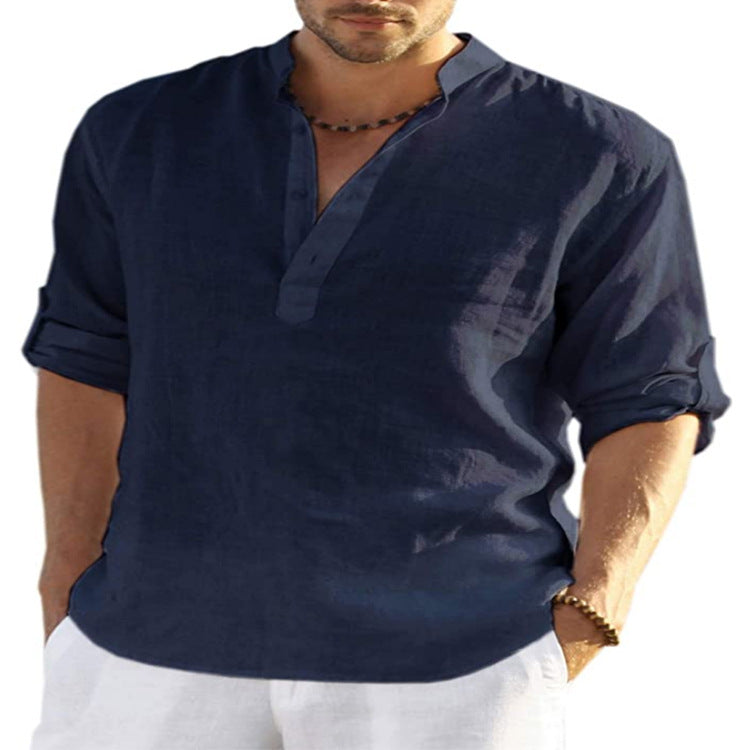 Camisa de manga larga de algodón y lino para hombre, color sólido, cuello levantado, holgada