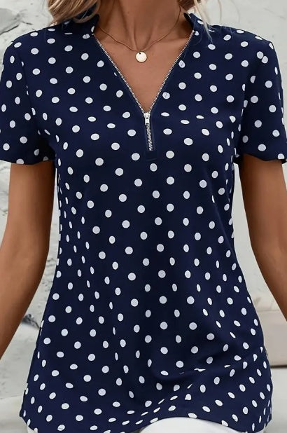 Chemisier Col V à Imprimé Pois, Chemisier Élégant à Fermeture Éclair Manches Courtes Pour le Printemps et l'Été, Vêtements pour Femmes