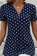 Chemisier Col V à Imprimé Pois, Chemisier Élégant à Fermeture Éclair Manches Courtes Pour le Printemps et l'Été, Vêtements pour Femmes