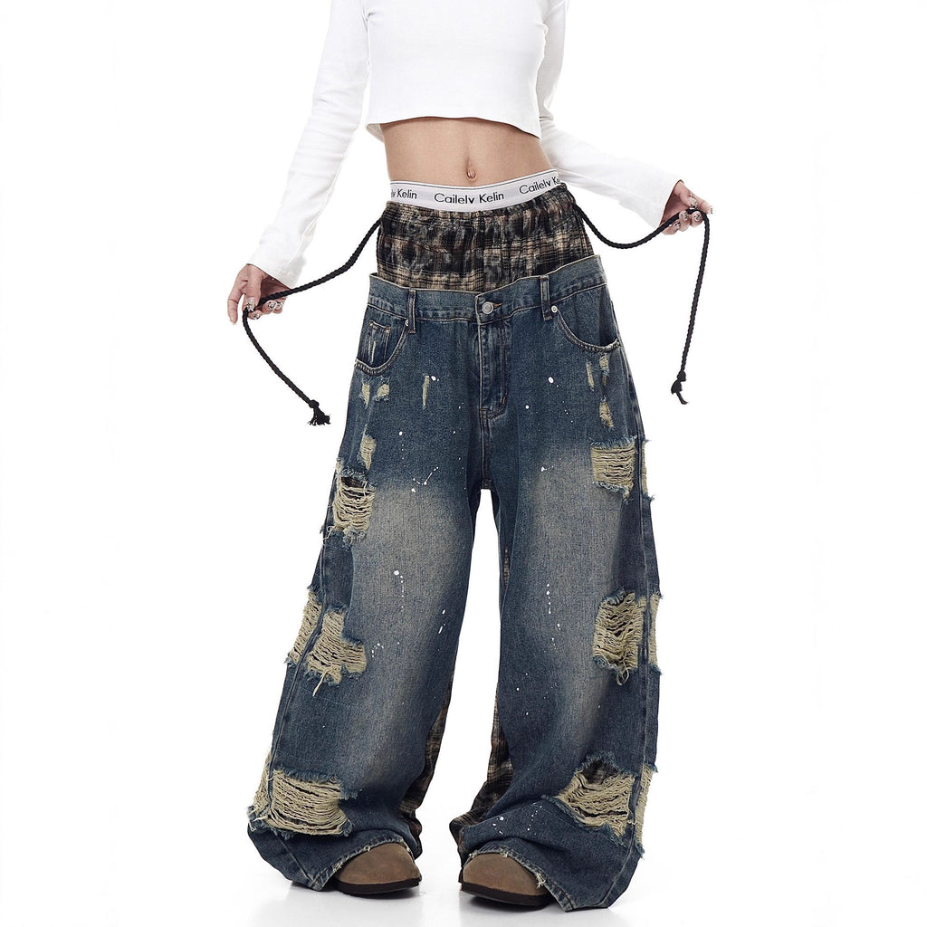 Womens Retro Ripped Wide-Leg Denim Jeans