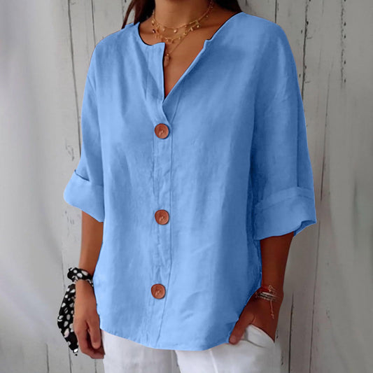 Blusa de mujer de algodón y lino con cuello en V y botones