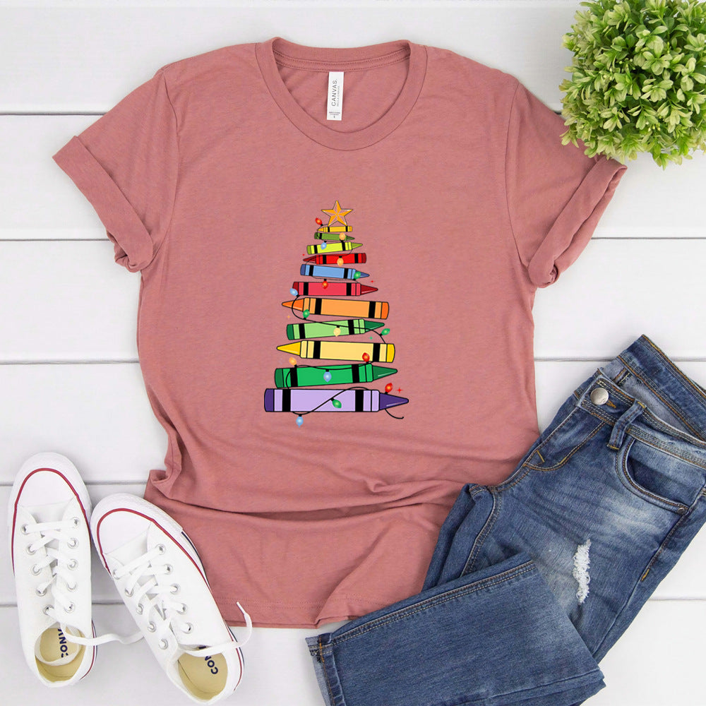Camiseta de mujer con diseño de árbol de Navidad de crayones