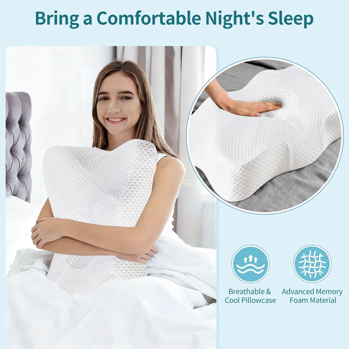 2-pack memory foam cooling pillow for neck support, white, side-sleeper design