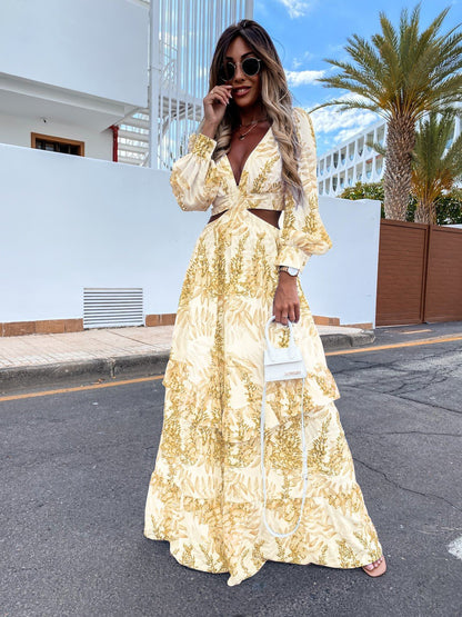 Robe longue élégante à col en V creux pour femme, robe longue à manches longues avec imprimé pour le printemps et l'été, robe à manches longues à col en V.