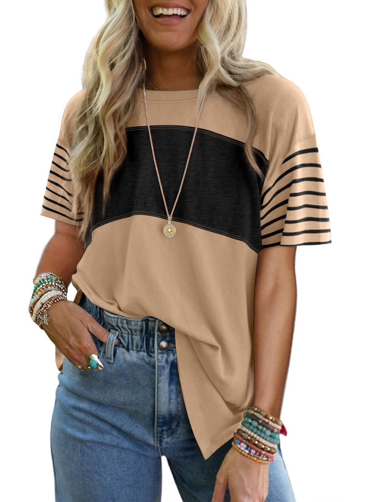 T-shirt à manches courtes rayé et color-block décontracté à col rond pour femme