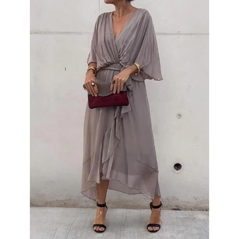 Vestido de verano con escote en V y manga murciélago de color liso con lazo irregular, vestidos largos para mujer