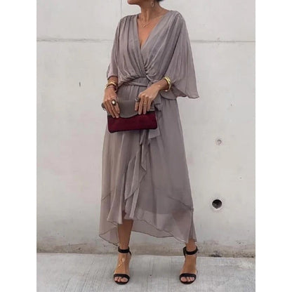 Vestido de verano con escote en V y manga murciélago de color liso con lazo irregular, vestidos largos para mujer