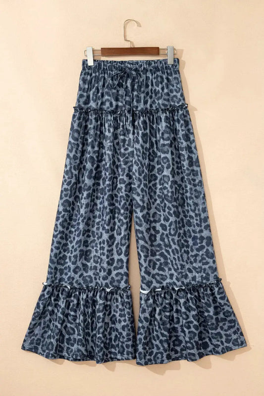 Blue leopard-print frilled-detail drawstring wide-leg palazzo pants with tiered hems