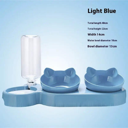 Food basin double-bowl pet feeding station by AdTec in light blue with automatic drinking bottle and 2 bowls