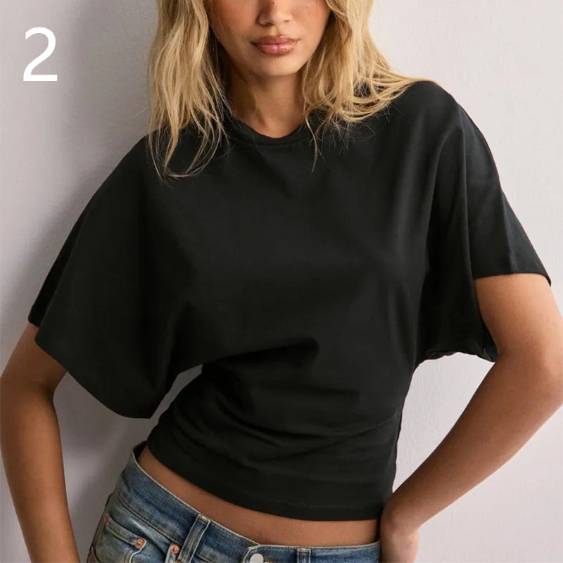 Camiseta de manga murciélago de verano con cuello redondo a la moda, top de manga corta tipo jersey para ropa de mujer