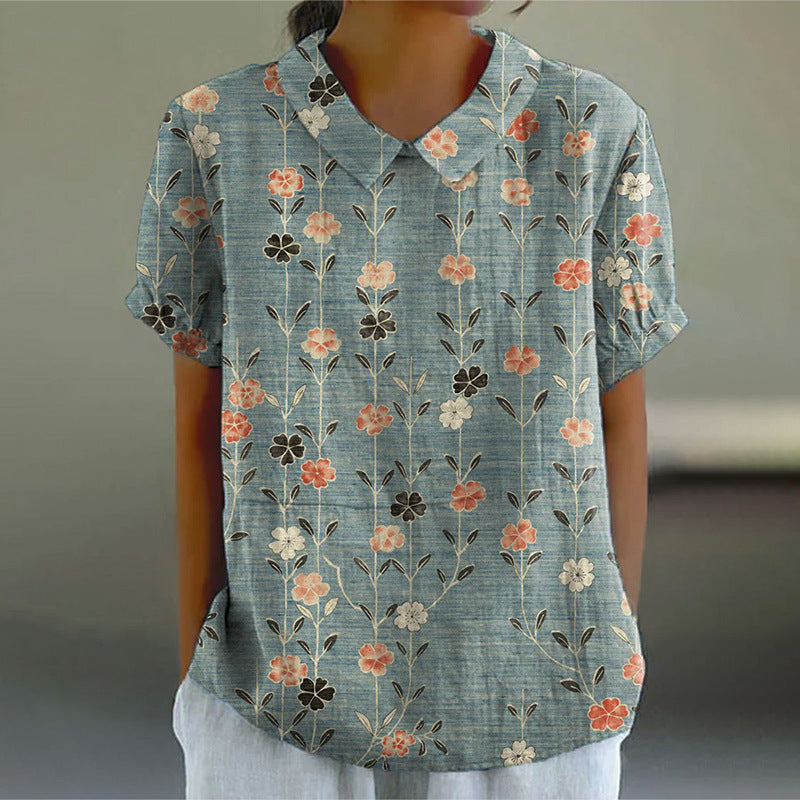 Mujer Costura Floral Estampado Estilo Nacional Solapa Manga Corta