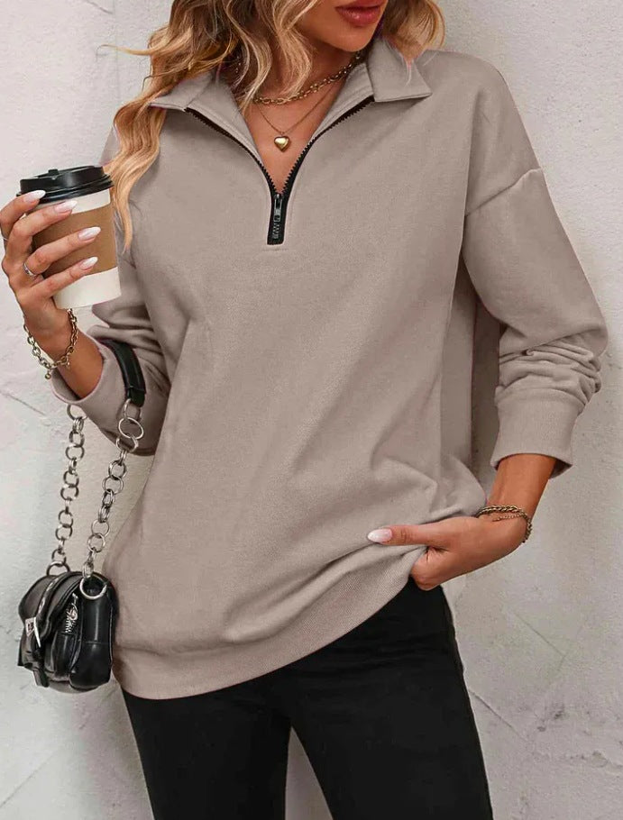 Sweat-shirt zippé mi-manches pour femmes, pull à la mode