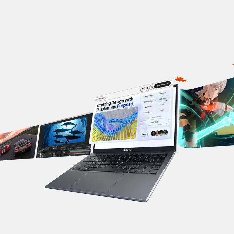 Laptop CHUWI, silver slim notebook with colorful demo screens around the display