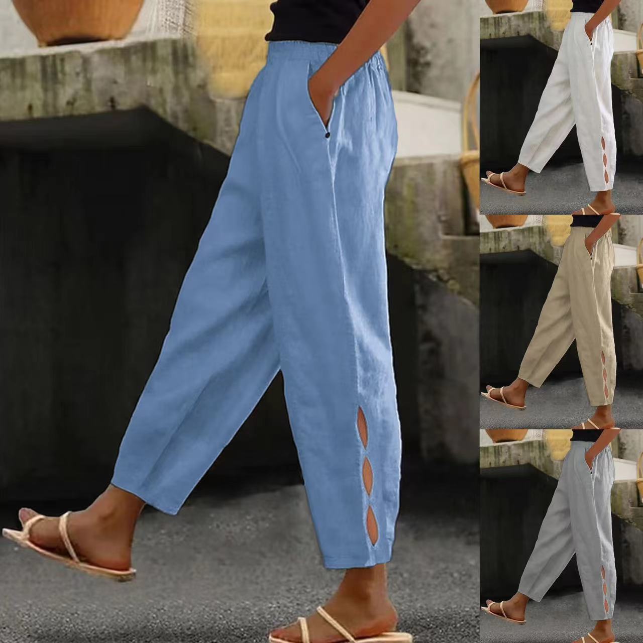 Pantalon d'été pour femme, détails creux à la cheville, avec boutons à l'ourlet