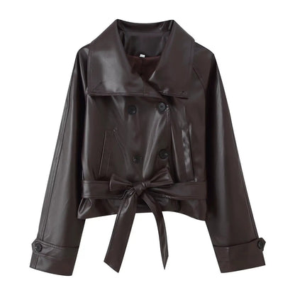 AdTec Trendy Wild two-color leather coat with double-breasted front and waist belt