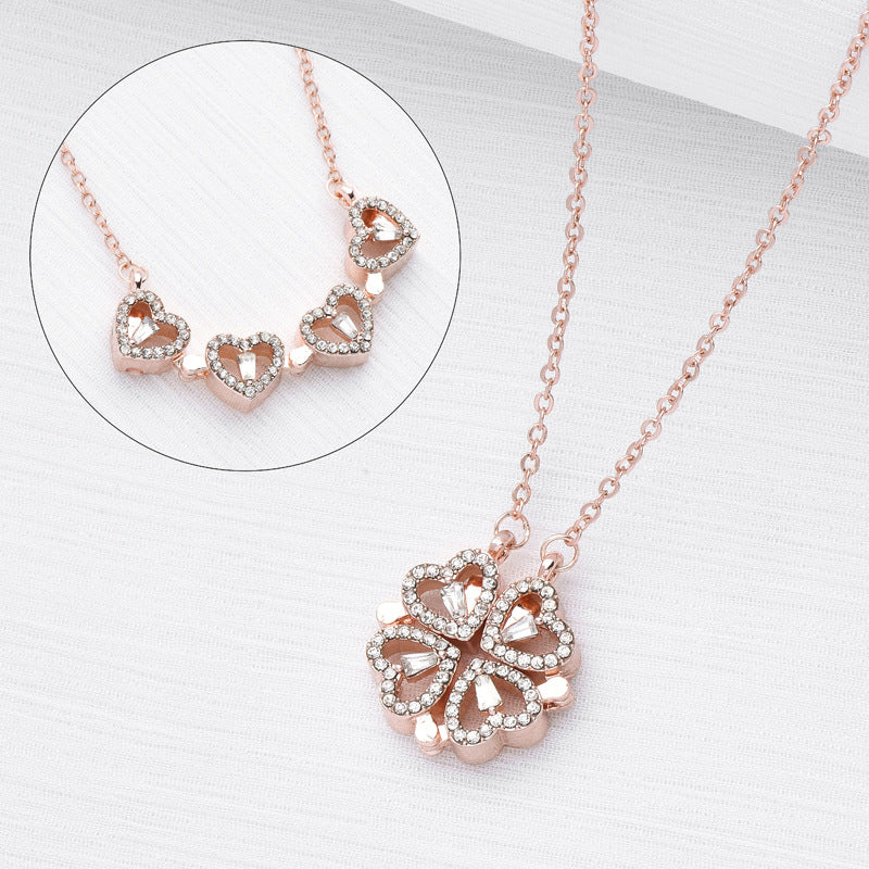 Collar con colgante de trébol de cuatro hojas plegable magnético retro con forma de corazón, cadena de clavícula para mujer, regalos, gargantilla abrible, joyería