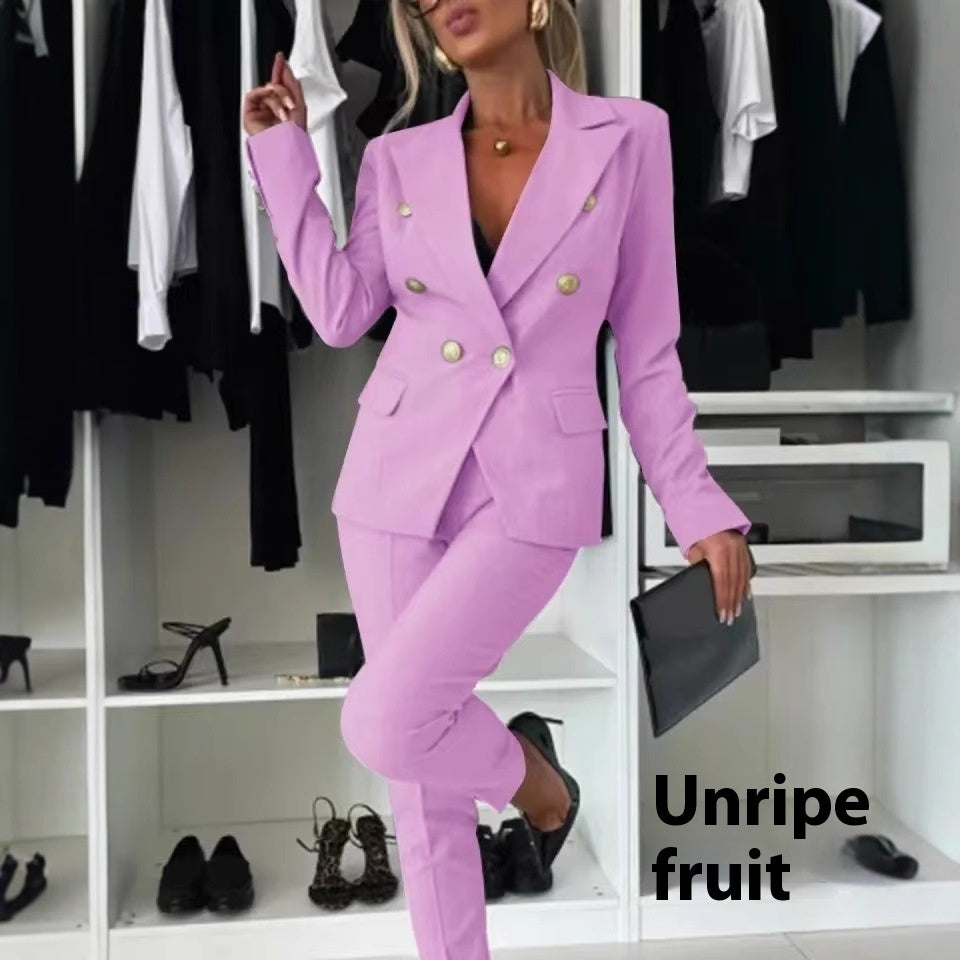 Veste de costume décontractée avec revers fins, veste croisée et pantalon zippé pour femme