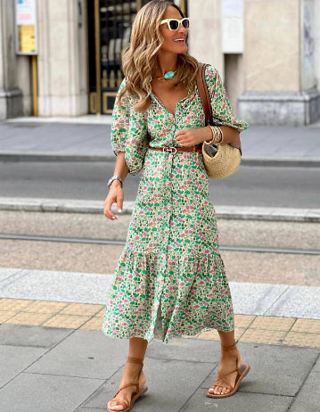 Robe Femme Imprimée Col V Manches Bouffantes Chic