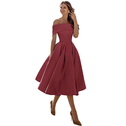Robe de Soirée Formelle en Satin pour Femme sans Bretelles, Coupe Décontractée, Longueur Thé, Épaules Dénudées, avec Poches