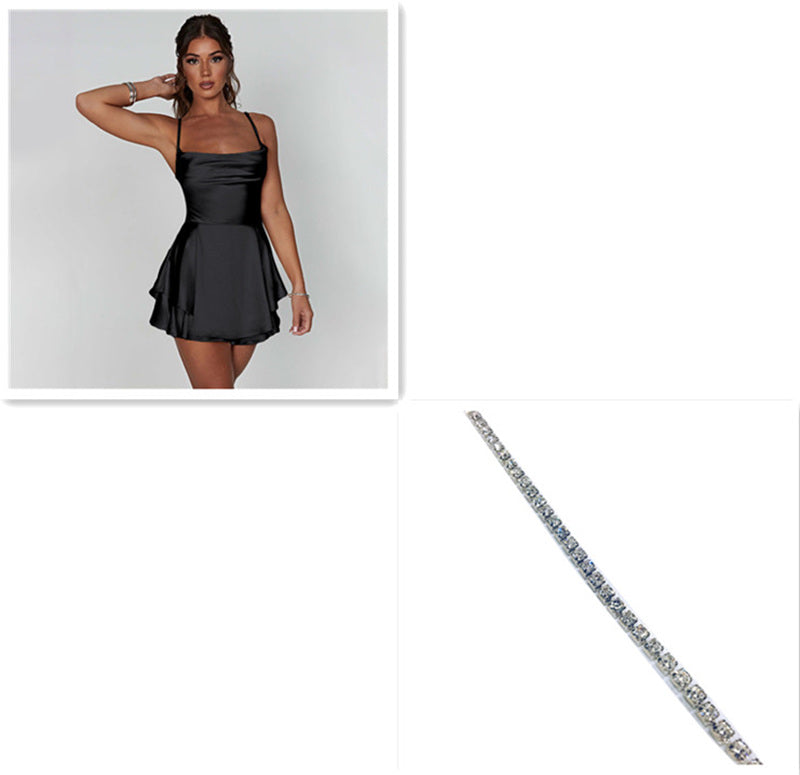 Sexy Falda de Tirantes para Mujer Elegante Ajustada con Tirantes de Satén Sin Espalda con Cordones Vestido Corto Acampanado para Mujer
