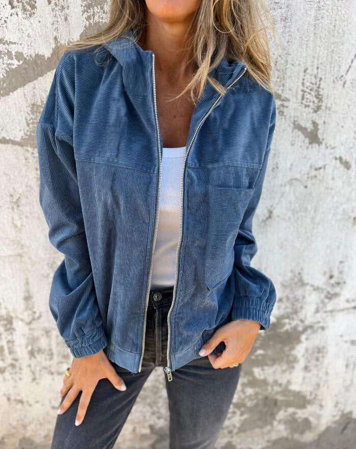 Chaqueta con capucha de pana lisa sencilla para mujer