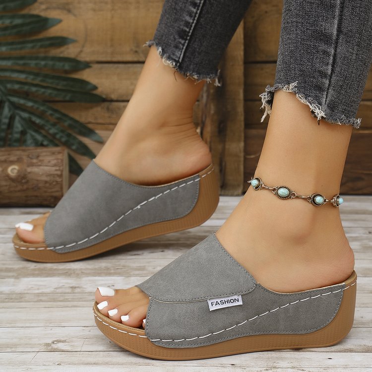 Sandales compensées d'été pour femmes, bouche de poisson à fond épais, chaussures romaines de plage de couleur unie