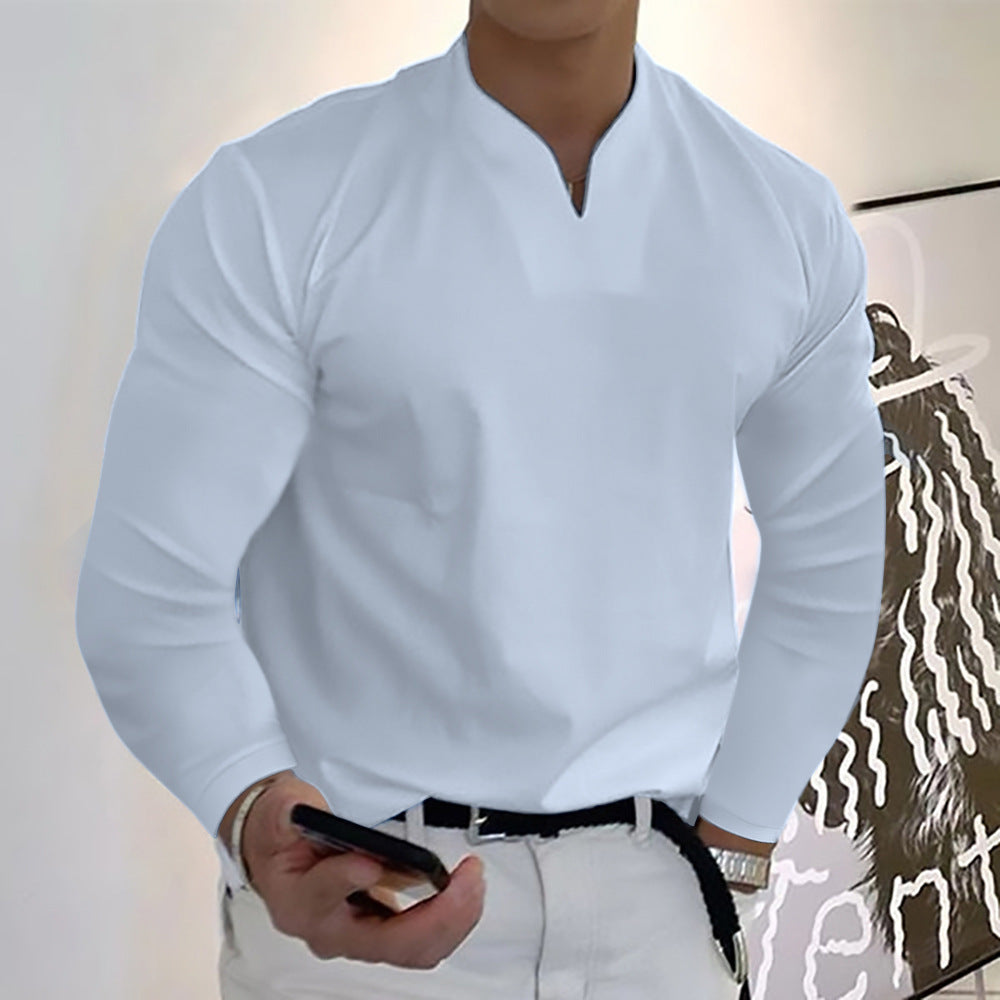 Chemises à manches longues col en V couleur unie décontractées pour hommes