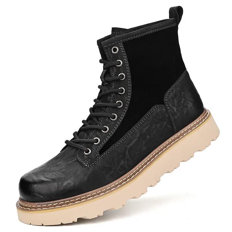 Heritage leather work boots, black upper with tan crepe sole.