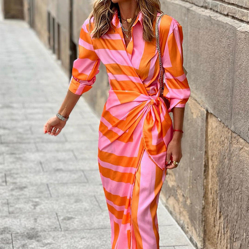 Robe à rayures imprimées de style européen et américain avec cardigan à lacets