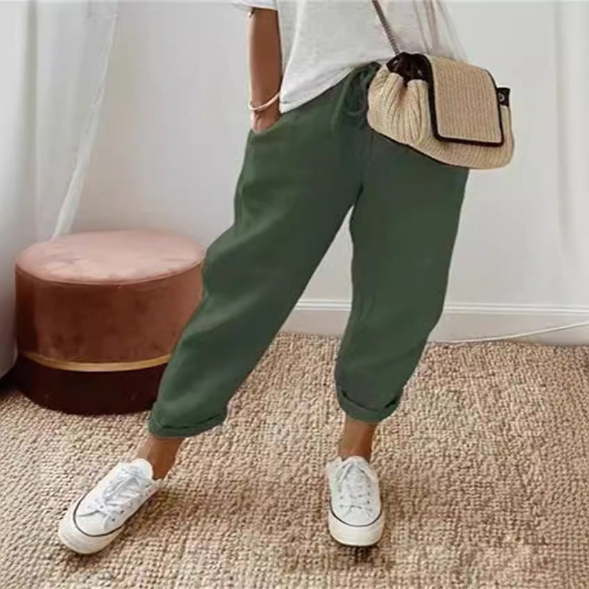 Pantacourt en coton et lin à taille élastique pour femme