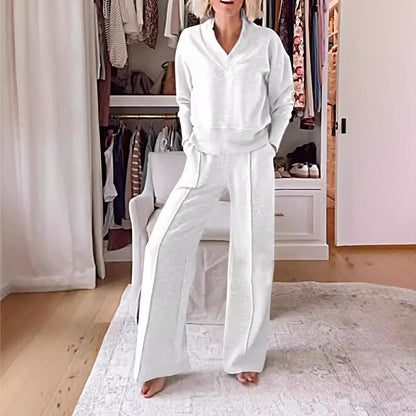 Ensemble deux pièces col en V manches longues haut ample pantalon large