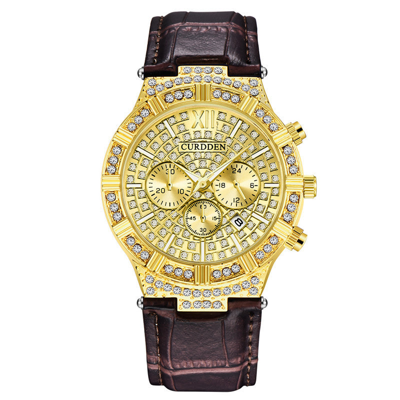 Reloj de cuarzo para hombre con incrustaciones de diamantes de imitación, diseño de tres ojos, correa de moda