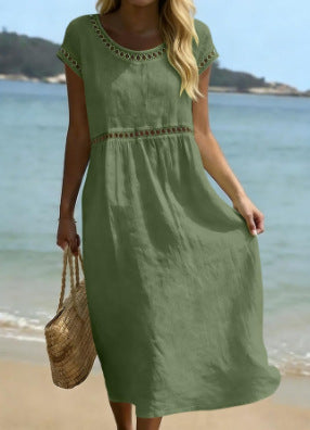 Robe élégante en coton et lin à col rond avec broderie en dentelle